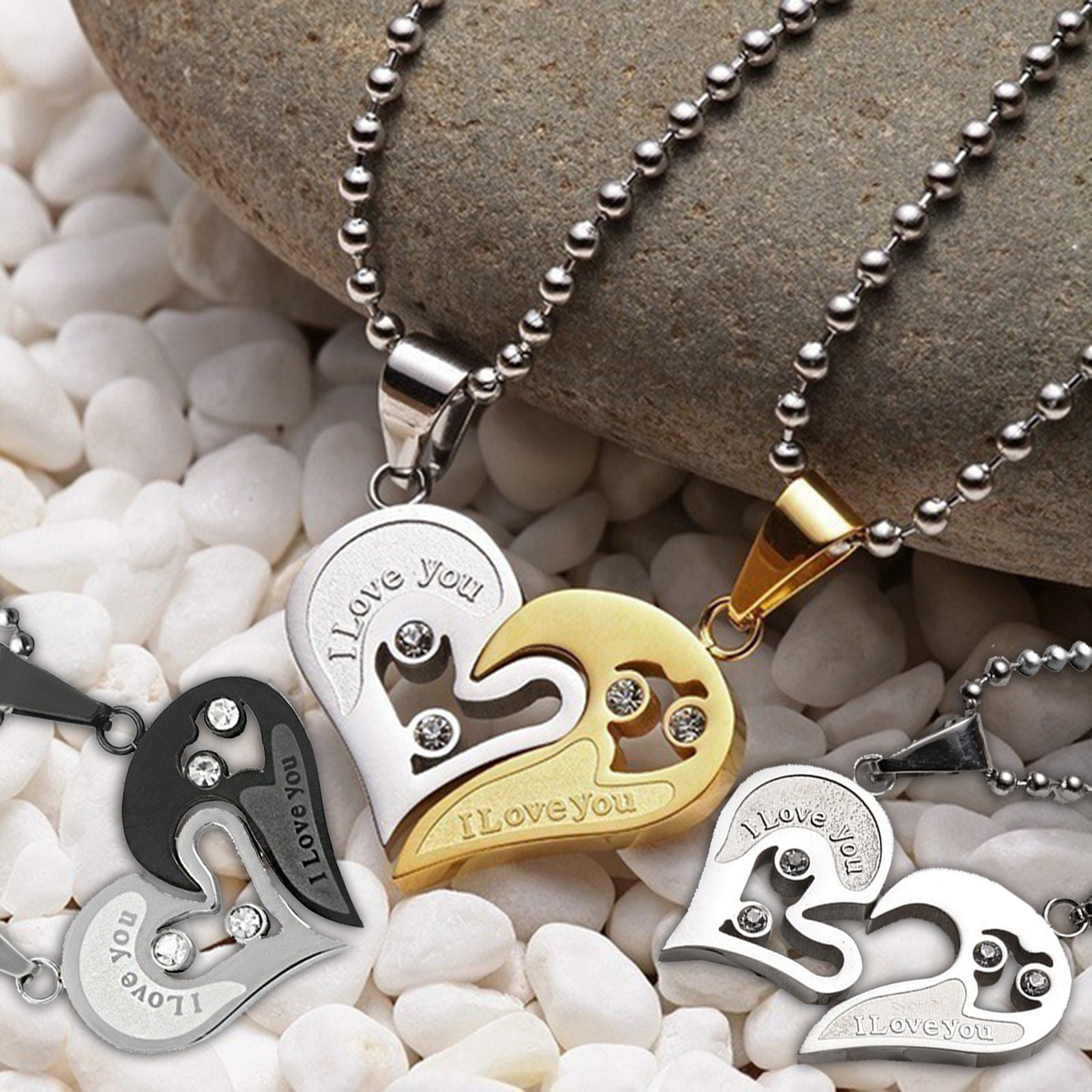 Jiaroswwei 2Pcs Couple Necklaces Shiny Rhinestone Inlaid Sparkling Geometric Memorial Gift Classic Lover Heart Pendant Necklaces Jewelry Accessories for Anniversary